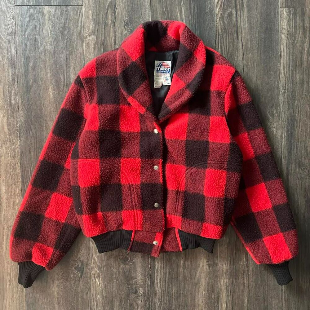 Vintage 80s Miller Polar Fleece Coat Thick Plaid Snap Button Front Womens Medium